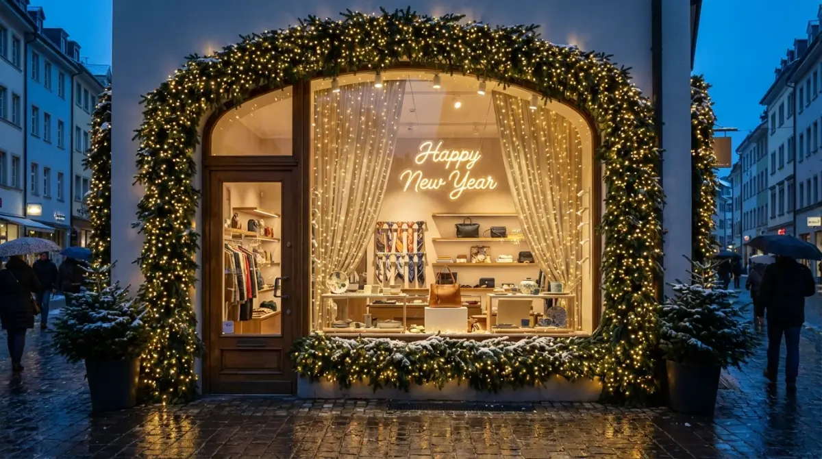 Butik mağaza vitrinini çevreleyen ışıklı çam kemer ve vitrin içinde perde LED, örnek uygulama