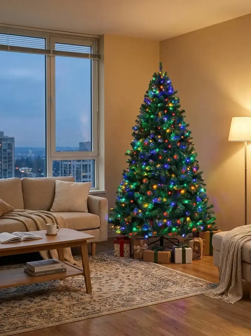 Apartman salonunda pencere yanında renkli LED ışıklı 150 cm yapay yılbaşı ağacı