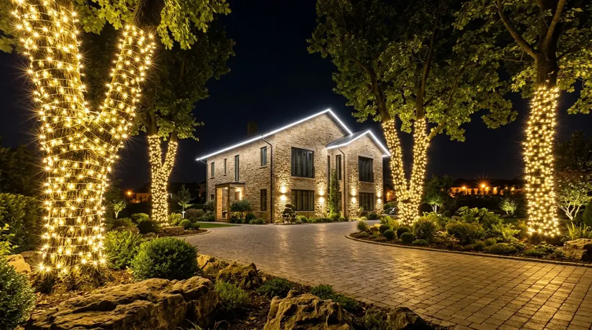 Villa bahçesinde ağaç gövdelerine sarılmış LED ve çatı hattında beyaz hortum LED, örnek uygulama