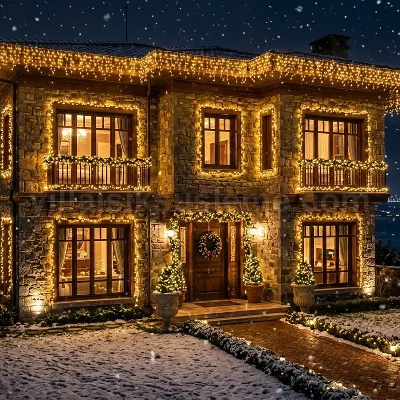 Villa Işık Süsleme - Villa ve Müstakil Ev Yılbaşı Işık Süsleme: Cephe, Saçak ve Bahçe Ağaçları.