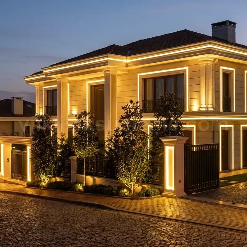Villa Işık Süsleme - Villa ve Müstakil Ev Yılbaşı Işık Süsleme: Cephe, Saçak ve Bahçe Ağaçları.